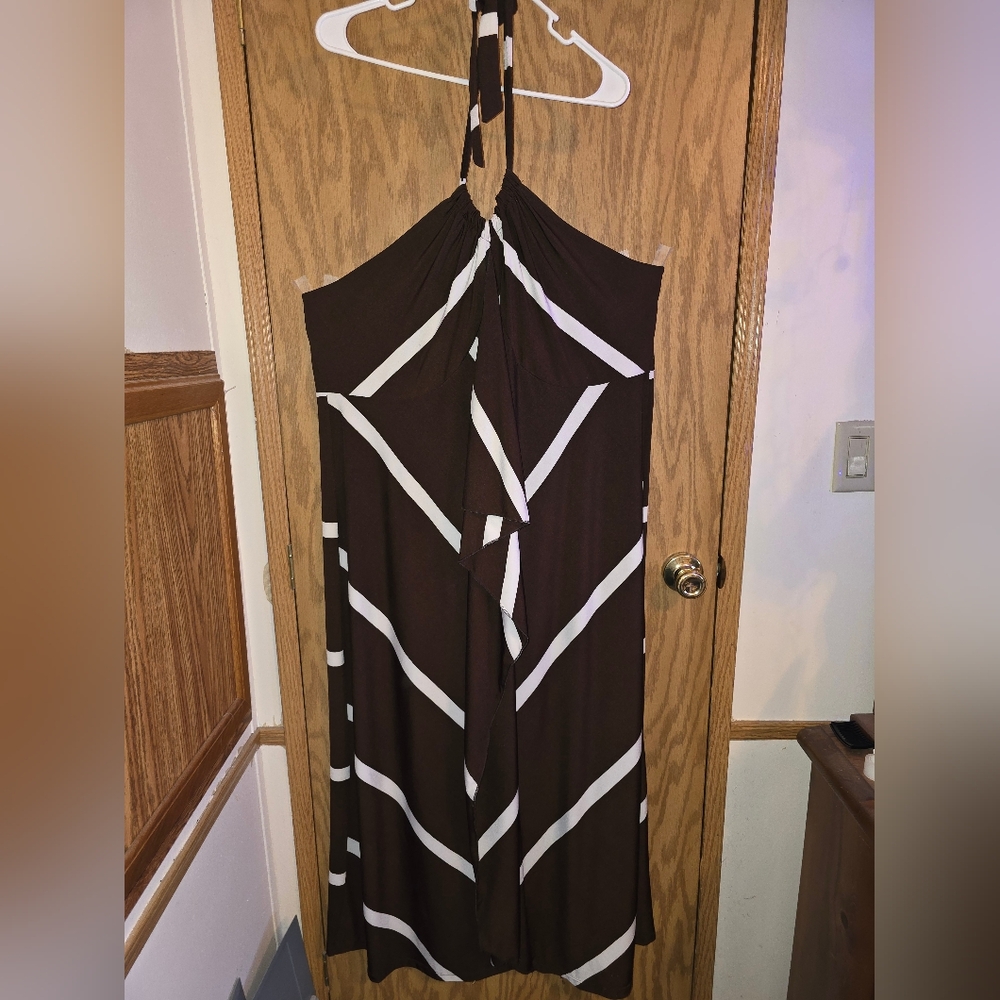 Ashley Stewart Brown and White Maxi Halter Dress